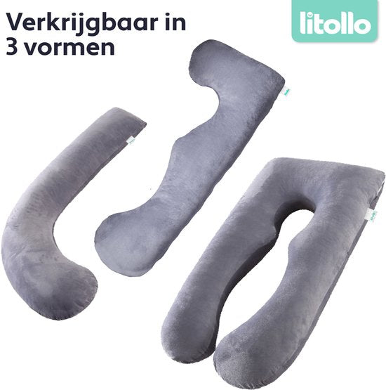 Litollo® Schwangerschaftskissen XL – Stillkissen – Körperkissen – Body Pillow – 140 cm – Abnehmbarer Bezug – Grau – Fleece