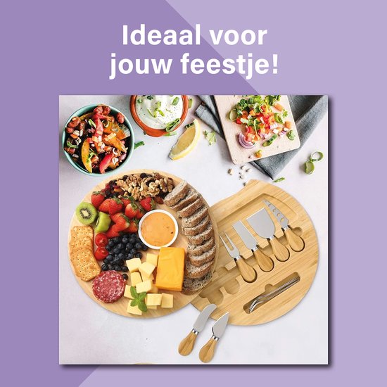 TidyHome® Trinkbrett - Käsebrett - Bambus - Holz - Ø 33cm - Tapasbrett rund - Käsebrett mit Messern - Komplett-Set mit 6 Käsemessern - Servierbrett