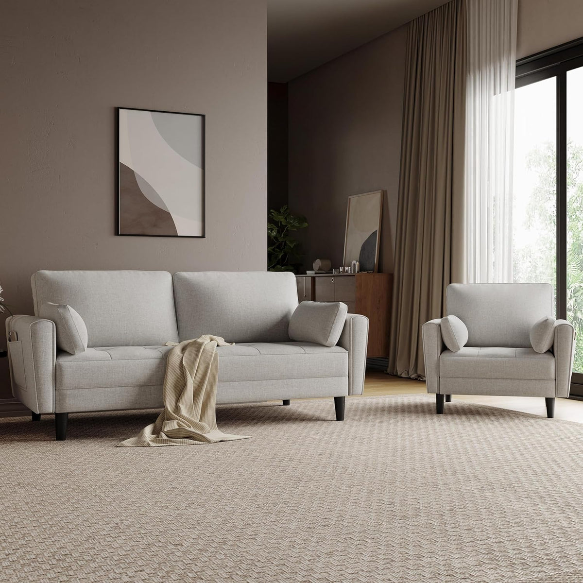 Yaheetech Loveseat-Sofa aus Leinen – Graubeige – 102,5 x 75 x 85,5 cm – Mit 2 Kissen und Seitentaschen