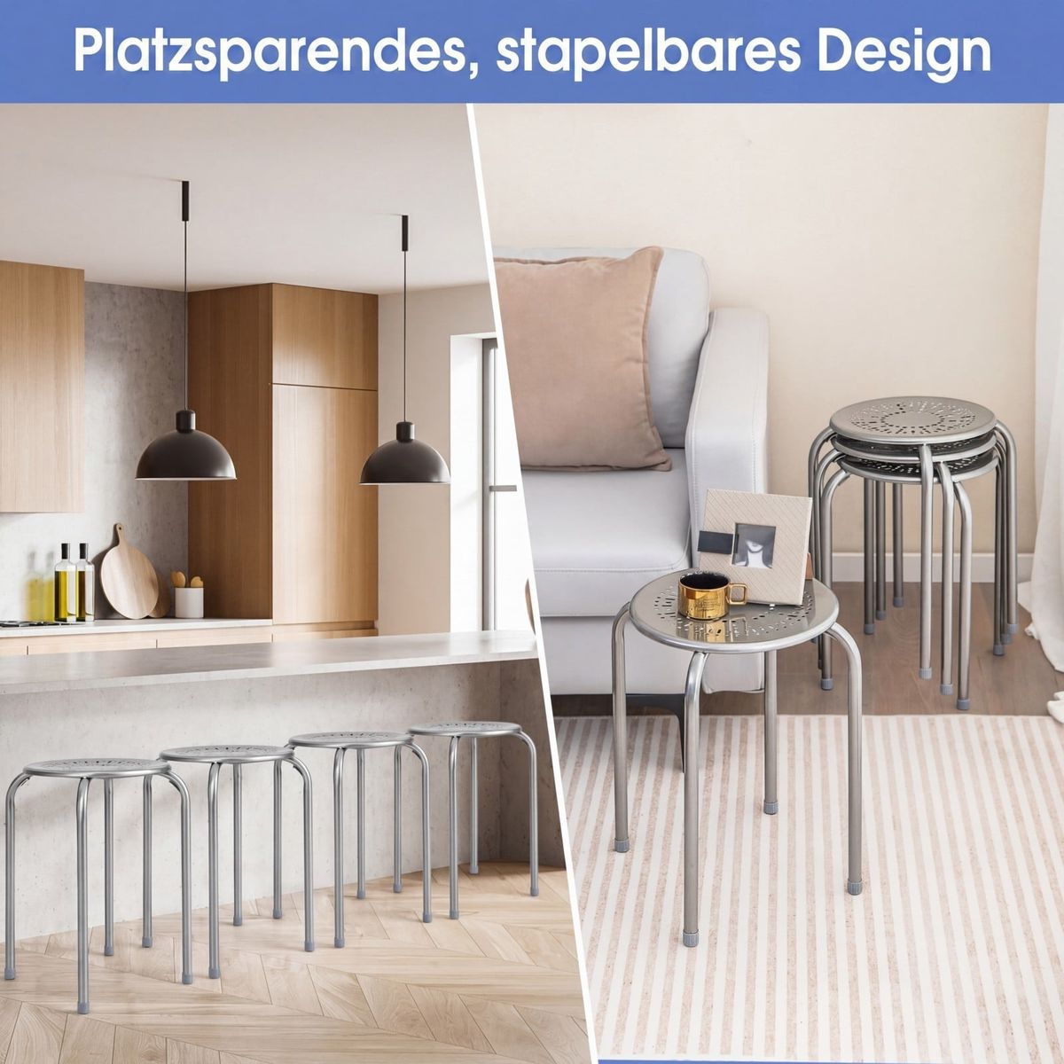 Coast 6-teiliges Set stapelbarer Metallhocker – verstärkter Rahmen – sofort einsatzbereit – grau