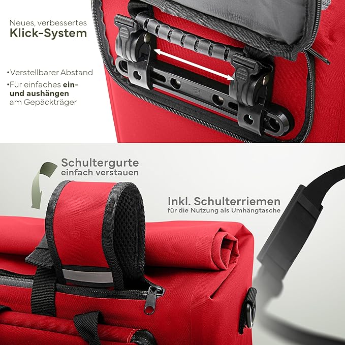 MIVELO Gepäckträger - 3-in-1 Rucksack & Umhängetasche - Wasserdicht & inkl. Laptopfach - 25 Liter - Rot
