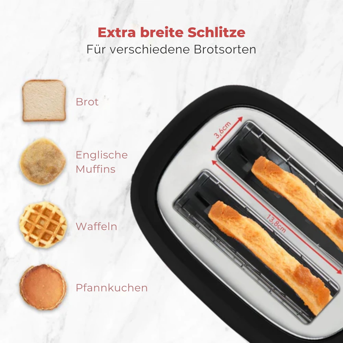 KitchenBrothers Toaster - 6 Heizstufen - 2 extra breite Schlitze - Aufwärm- und Auftaufunktion - Schwarz