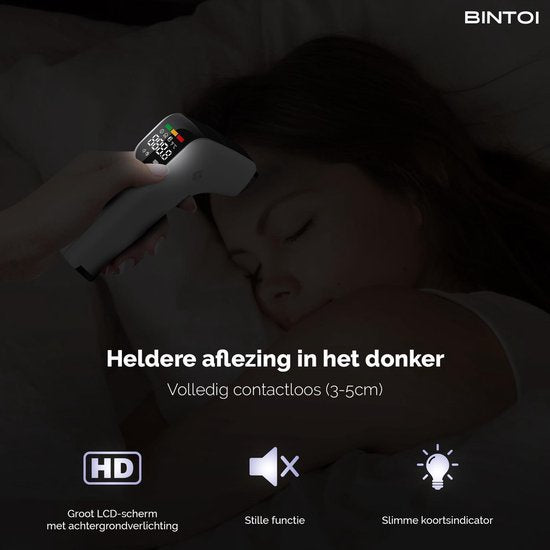 Bintoi® Thermometer Stirn - Temperaturmesser - Körperthermometer - Ohrthermometer - Fieberthermometer für Erwachsene und Babys - Sofortige Messung in 1 Sekunde - Einfaches Ablesen im Dunkeln - Inklusive Batterien.