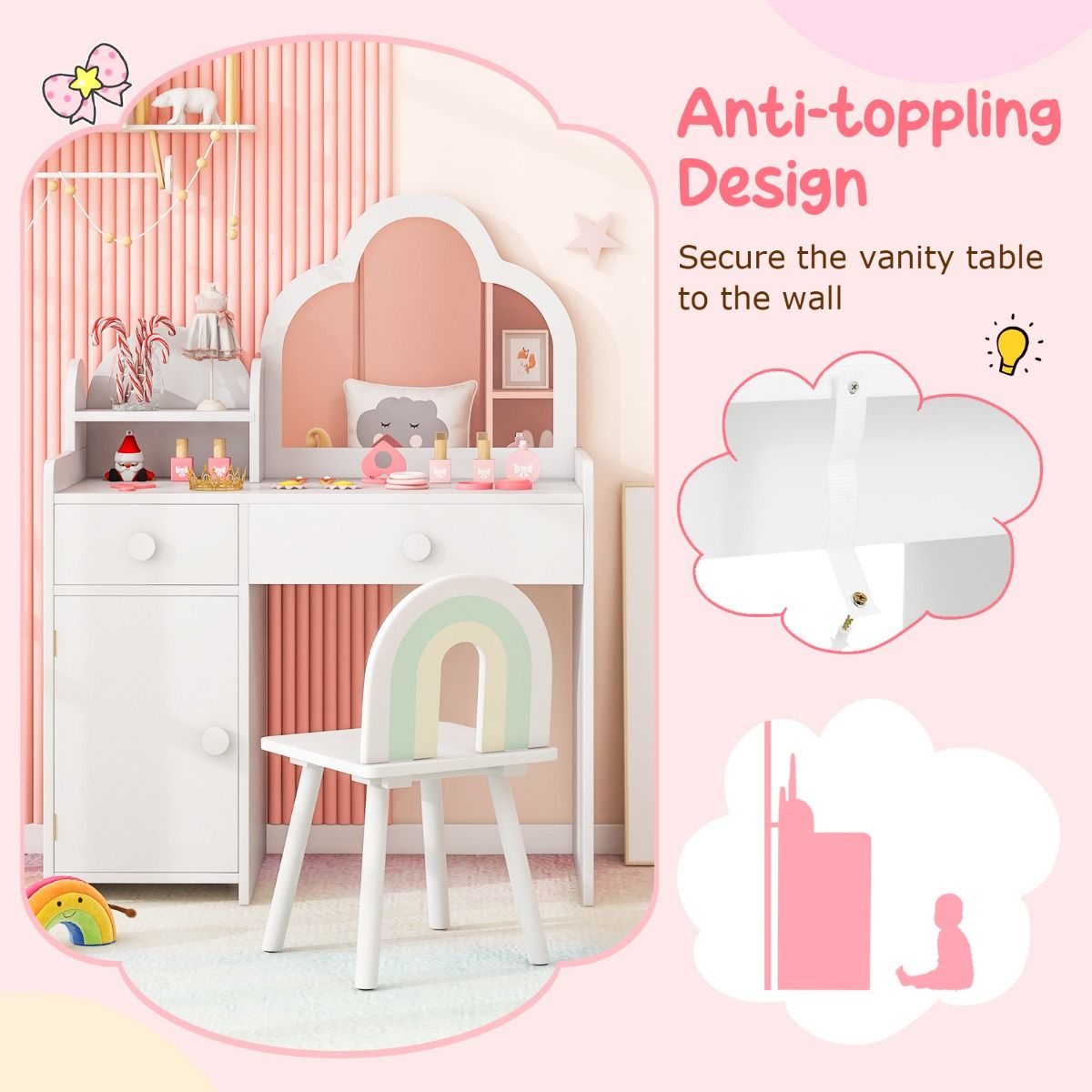 Coast Kinder-Frisiertisch-Set – Spiegel in Wolkenform – 2-in-1-Frisiertisch mit Hocker – weiß
