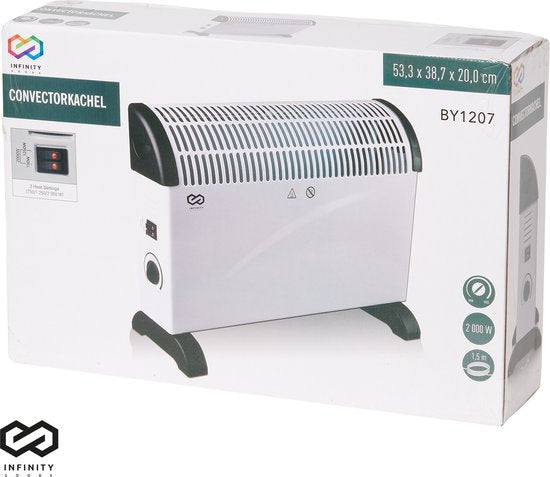 Infinity Goods Elektrischer Konvektor - 750 / 1500 / 2000W - Einstellbares Thermostat - Heizkörperheizung - Ãœberhitzungsschutz - 35mÂ² - Weiß/Schwarz