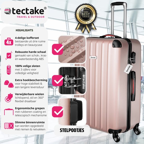 tectake - 4-teiliges Reisekofferset inklusive Koffertrolley und Gepäckwaage, 360° Rollen, Hartschalenkoffer mit Zahlenschloss, großer Koffer, stapelbar, Trolley Handgepäck - rosegold