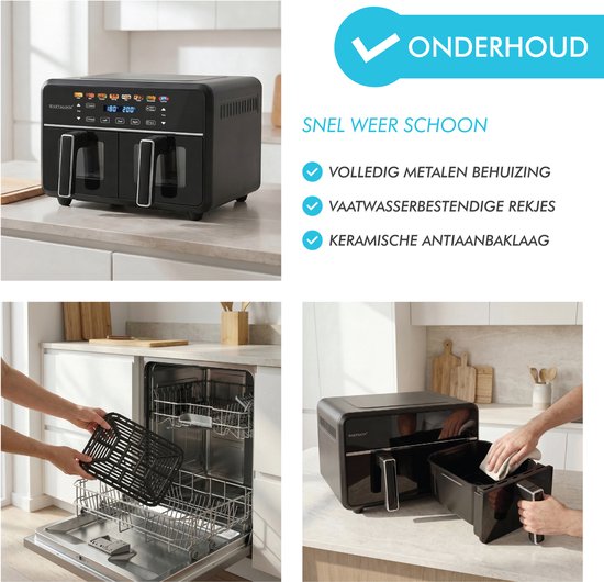 Doppel-Heißluftfritteuse XXL 11 l - PFAS-freie Heißluftfritteuse – Infrarot – Dual Zone – 2 x 5,5 l – 40–200 °C – 8 Kochprogramme – 2850 W – WM-2511 AF – Schwarz