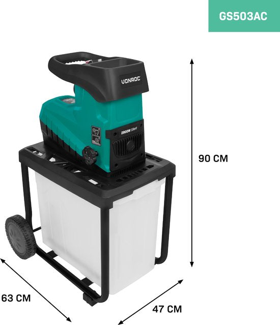 VONROC - Gartenhäcksler - Leise - 2800W - für Äste bis zu Ø45mm - Inkl. 60L Auffangbehälter & Schiebestock - Grün/Schwarz