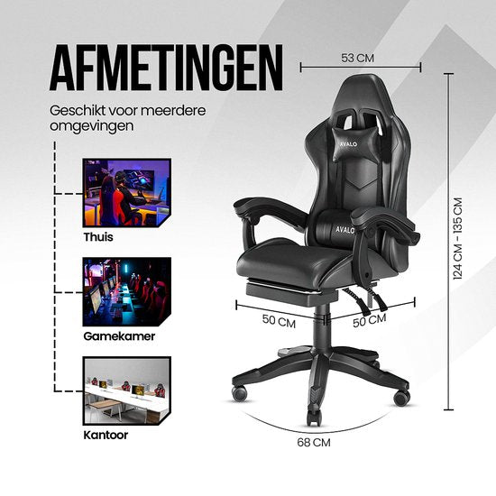 Avalo Gaming Chair - Game Chair - Ergonomischer Bürostuhl Verstellbar - Game Chair - Gaming Chair - Schwarz