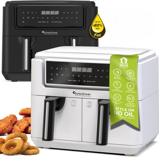 TurboTronic AF118 Double Airfryer XXL - Digitale Heißluftfritteuse - Doppelkorb - 7,6L - 2x 3,8L - 12 Programme - Touchscreen - Weiß