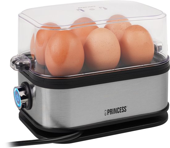 Princess Eierkocher 262046 – für 1 bis 6 Eier – 400 W – Edelstahl – Hart, weich und mittel gekocht – Timer – Inklusive Messbecher und Eierstecher