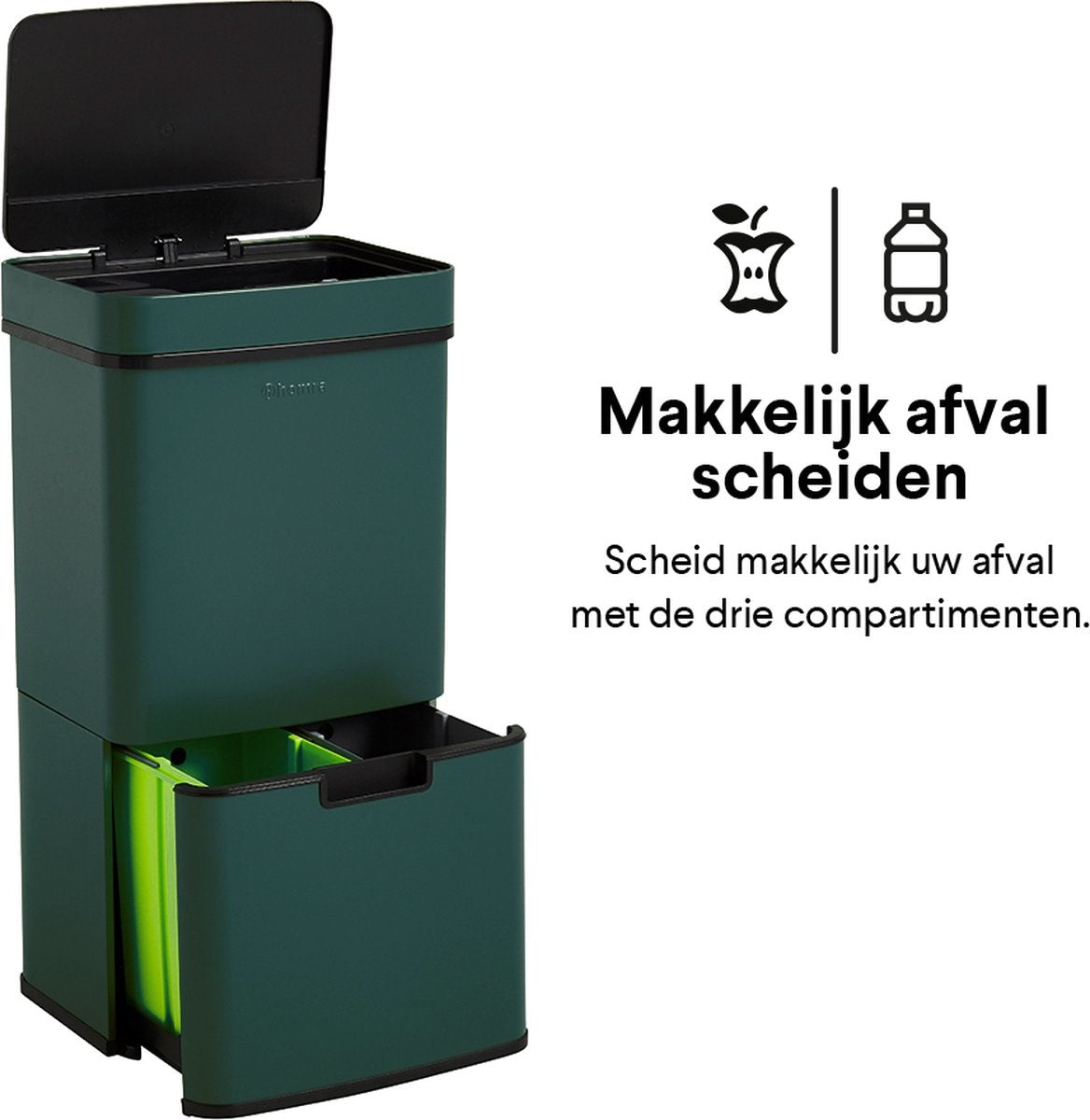 Homra NEXO Mülltrenner 3 Fächer - 72 Liter (2x12 + 48 L) mit Infrarotsensor - Edelstahl - Grün