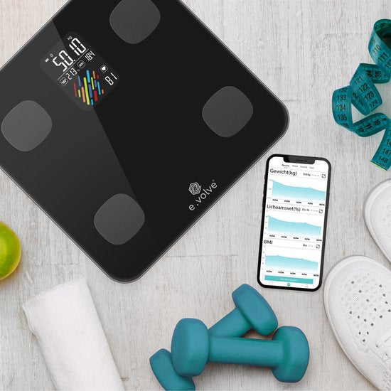 e.volve Waage Personenwaage Digital - 16 Messungen - Intelligente Waage mit Körperanalyse - Präzisionswaage - Waage - Digitale Waage - Inkl.