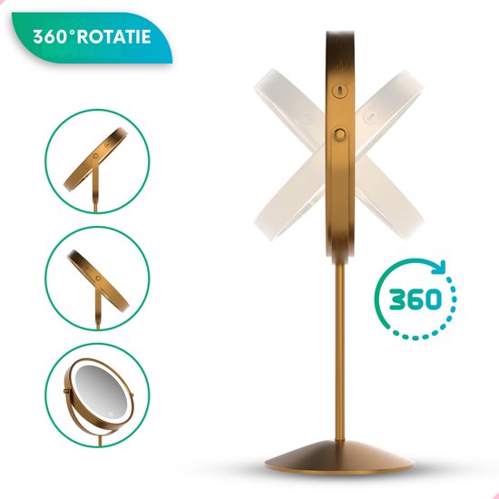 Mirlux Make-up-Spiegel mit LED-Beleuchtung - 10x Vergrößerung Licht - Rasierspiegel klein auf Fuß - 3 Lichtstufen - wiederaufladbar - Vergrößerungsspiegel Gold