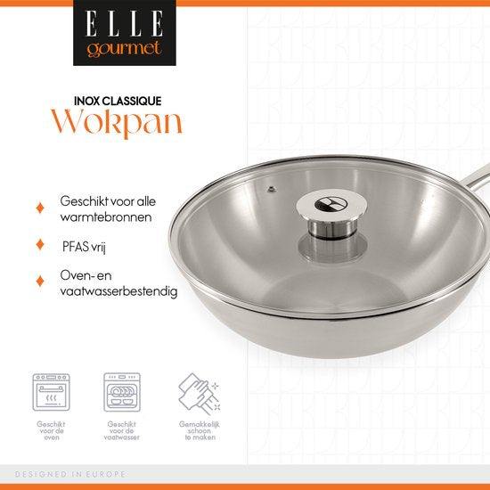 ELLE Gourmet Classique Edelstahl-Wokpfanne mit Deckel - Ø 28 cm - PFAS-frei - Induktion
