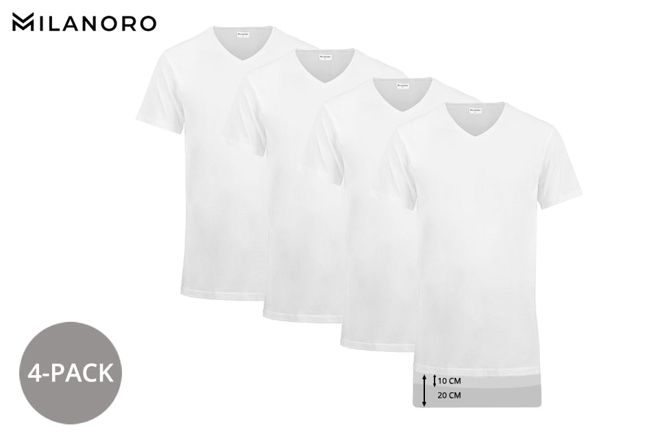 Milanoro 4er-Pack - extra langer V-Ausschnitt - 100 % Baumwolle - 2XL - weiß