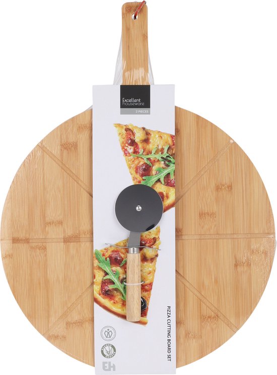 Excellent Houseware Pizzabrett mit Pizzaschneider - Bambus - 38 cm - doppelseitig - Pizzabrett
