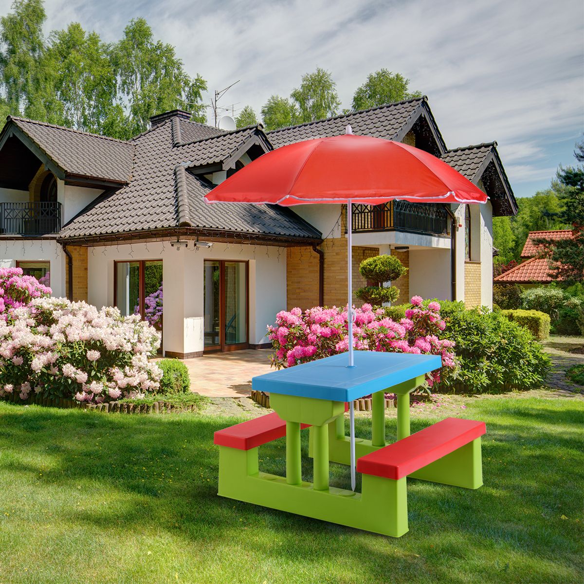 Coast Picknicktisch für Kinder - Mit Sonnenschirm - 2 Bänke - Max. 50 kg - 67 x 41 x 47 cm - Rot / Blau / Grün