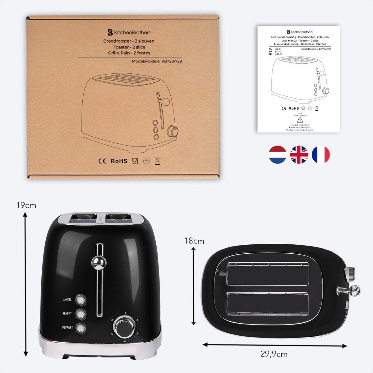 KitchenBrothers - Retro-Toaster - 6 Heizstufen - 2 extra breite Schlitze - Aufwärm- und Auftaufunktion - Schwarz