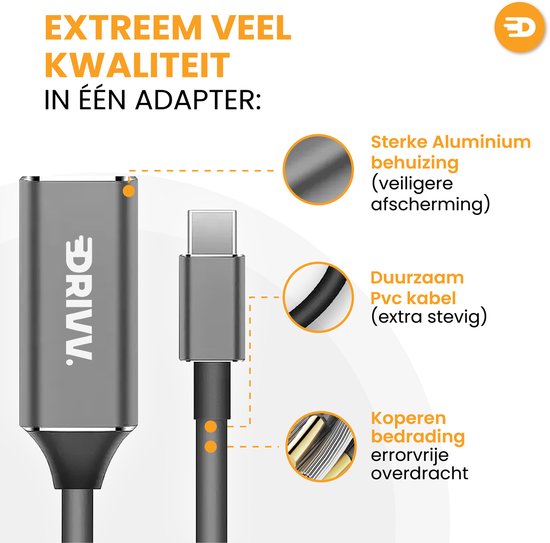 Drivv. USB-C-zu-HDMI-Adapter – Unterstützt 4K bei 30 Hz – Konverter – Typ C zu HDMI – Thunderbolt 3 – Grau