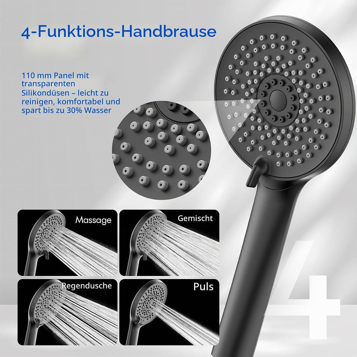 Homelody Regenduschen-Set ohne Wasserhahn – Handbrause mit 4 Einstellungen – Kopfbrause 9 Zoll – Höhe 101,4 cm – Edelstahl – Mattschwarz