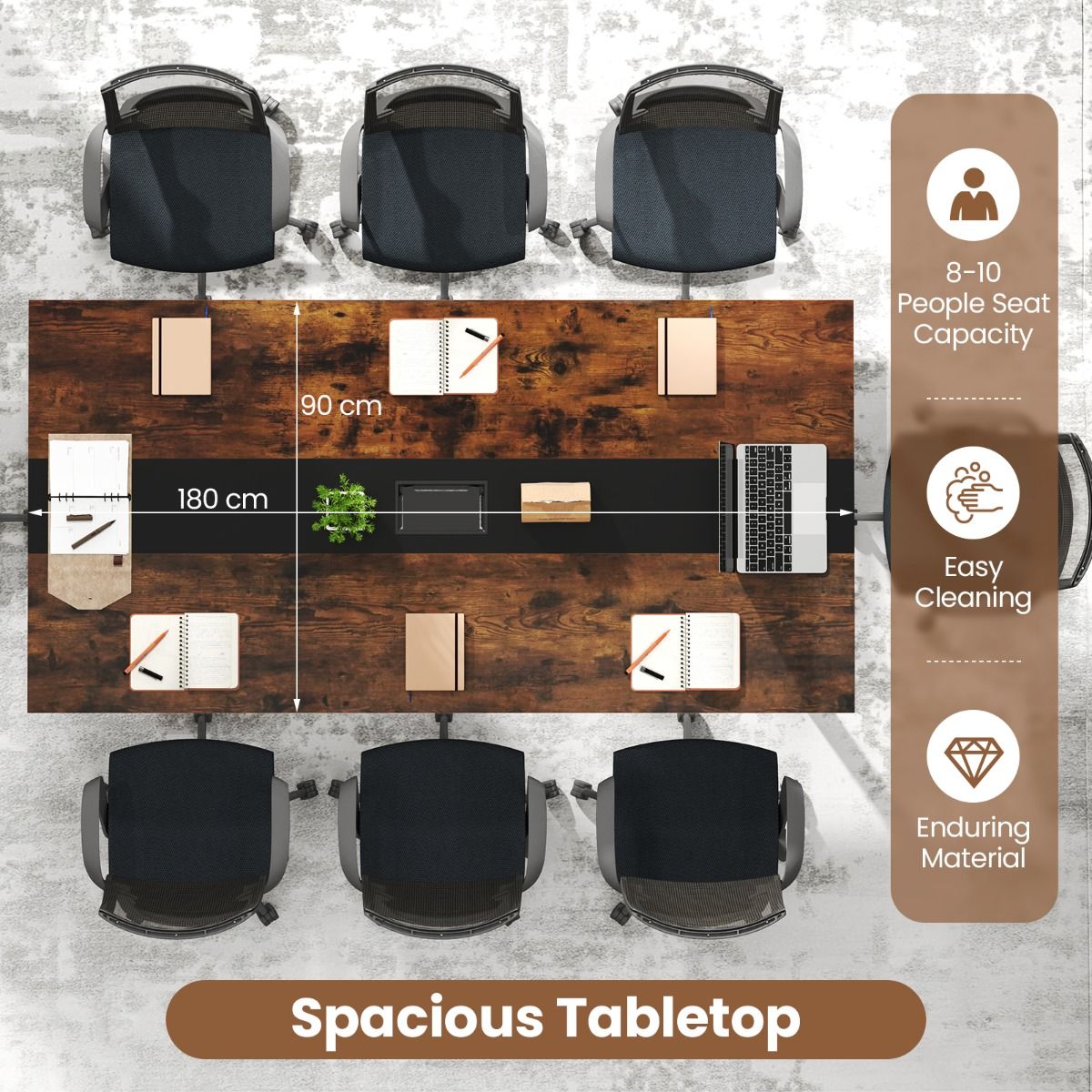 Coast-Konferenztisch – rechteckig – Kabelführung – rustikales Holz und Schwarz – 180 x 90 cm
