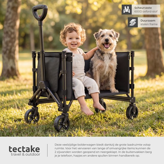 tectake® Handwagen – Zusammenklappbar – 60 kg Tragkraft – Schwenkbare Massivräder – 47 x 83 x 90 cm - Handkarren – Transportwagen – Mit verstellbarer Schiebestange – Handkarren – Wasserabweisender Transportwagen – Mit Ablagebrett und Innenfach