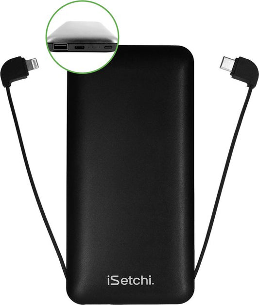 iSetchi Powerbank 10000 mAh - 4-in-1 - Eingebaute Kabel - Schwarz