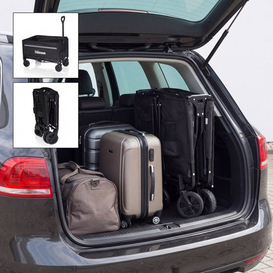 Tristar Klappbarer Handwagen – 120 l – 100 kg Tragkraft – Stahl – Lenkrollen – Zusammenklappbarer Handwagen mit Ladeklappe – inkl. wasserdichter Schutzhülle – kompakt – Festival – HC‑0917