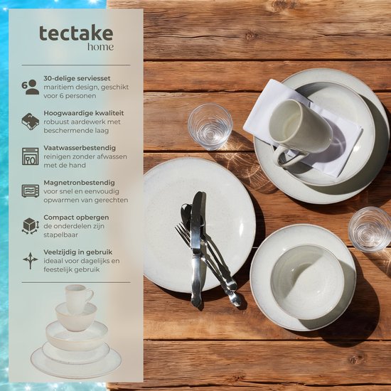 tectake® Geschirrset Mare – 30-teilig – Steingut mit glänzender Glasur - Für 6 Personen - Handgefertigtes Geschirr - Modernes Tellerset mit großen und kleinen Tellern, Schüsseln, Schälchen und Tassen - Spülmaschinen- und mikrowellengeeignet - Sandfarben