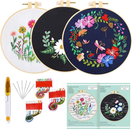 Happy Goods Stickset Blumen und Vögel - Sticksets Erwachsene - Stickset 3er Set - Hobby und Kreatives - Sticken