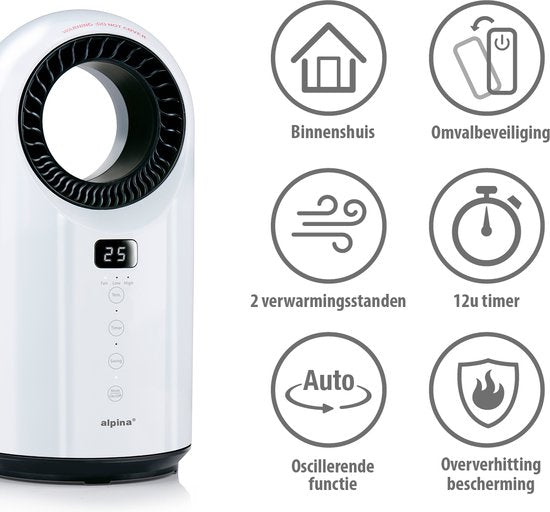 alpina Elektro-Heizlüfter 1500W - Keramik-Heizlüfter mit Timer und Fernbedienung - Oszillierender Heizlüfter mit Kühl- und Heizfunktion - 18 x 18 x 37cm