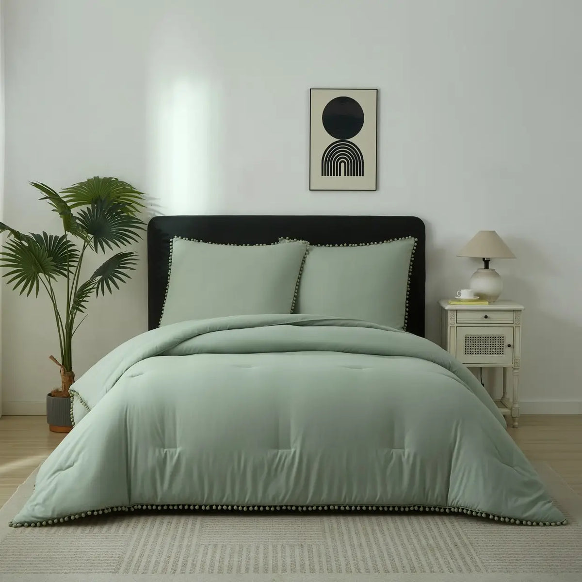Meeallhome Bettwäscheset mit Pompon-Fransen – 200 x 220 cm + 2 x 80 x 80 cm – Türkis