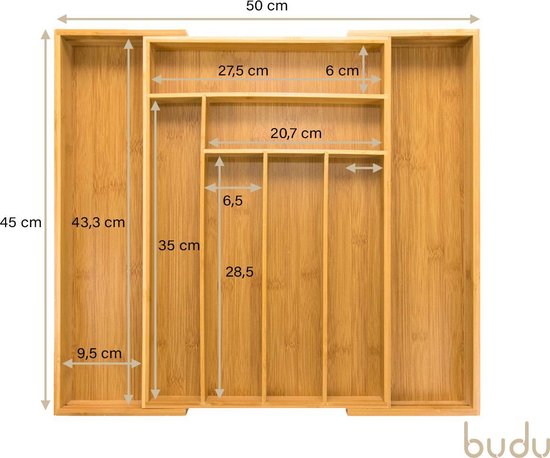 Budu - Besteckkasten - Holz - 45 x 30.6 - 50 cm - 6-8 Fächer - Braun