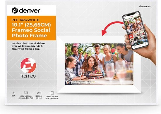 Denver Digitaler Fotorahmen 10,1-Zoll - HD - Frameo App - Fotorahmen - WiFi - IPS-Touchscreen - 16GB - PFF1024W