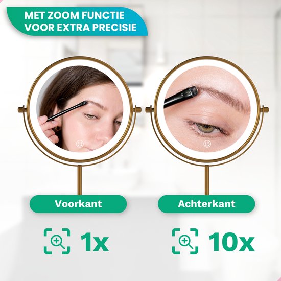 Mirlux Make-up-Spiegel mit LED-Beleuchtung - 10x Vergrößerung Licht - Rasierspiegel klein auf Fuß - 3 Lichtstufen - wiederaufladbar - Vergrößerungsspiegel Gold