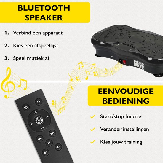Zoluko - Fitness Vibrationsplatte - mit Bluetooth Funktion - Inkl. E-Book, Widerstandsbänder und Fernbedienung - USB Anschluss - Anti-Rutsch Gummi - Schwarz