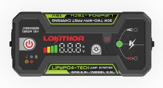 Lokithor Jumpstarter J1350 PRO – 12 V, 1350 A, LiFePO4 – Powerbank 30 W – Für PKW, Benziner bis 6,5 l und Diesel bis 3,5 l – LED-Taschenlampe