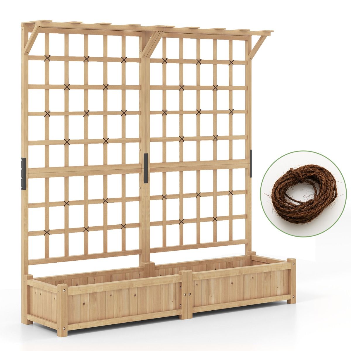 Coast Großer Pflanzkübel aus Holz mit Spalier – 2 Blumenkästen – hängendes Dach – naturfarben