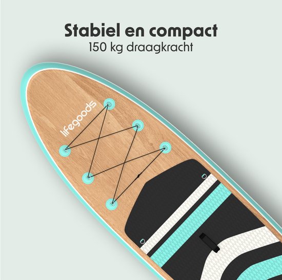 LifeGoods PaddlePro SUP Board - mit Sitz - Aufblasbares Paddle Board - Komplettset - Max. 150KG - 320x81cm - Holz/Mintgrün