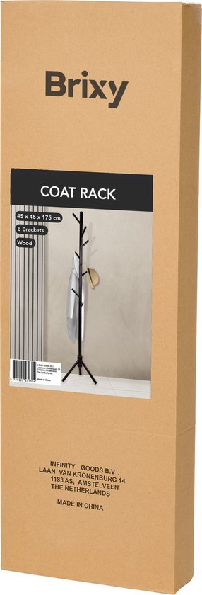 Brixy Garderobe - Stehende Garderobe - 8 Haken - 175 cm - Garderobe Holz - Garderobenständer - Schwarz