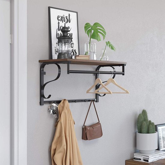 OSKAR Wandgarderobe 60 x 30 x 31,7 cm – Ablage/5 Haken/Kleiderstange – Rustikales Braun/Schwarz