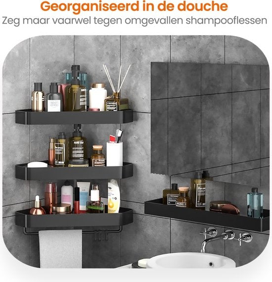 Goliving Doucherek 2 laags - Doucherek zonder boren - Doucherekje hoek - Douchemandje - Badkamerrek - Badkamer accessoires - Zwart