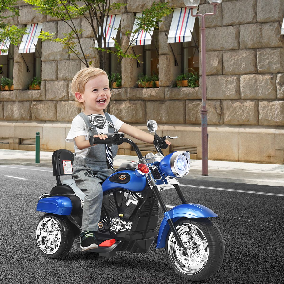 Coast Elektromotorrad für Kinder – Chopper-Stil – Verstellbarer Scheinwerfer – Musikfunktion – Blau und Schwarz – 91 x 48 x 64 cm