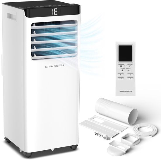 Erikssøn Mobile Klimaanlage – 10.000 BTU – inkl. Fensterdichtungsset – bis zu 30 m² – 4-in-1 – Klimaanlage – Ventilator – Luftentfeuchter – Weiß