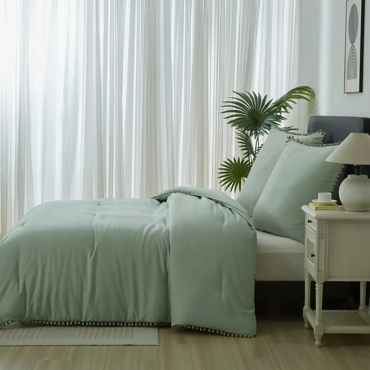 Meeallhome Bettwäscheset mit Pompon-Fransen – 200 x 220 cm + 2 x 80 x 80 cm – Türkis