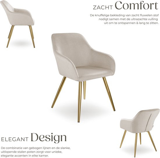 tectake® Marilyn Esszimmerstuhl - Mit Armlehnen - Eleganter Stuhl mit gepolstertem Samtsitz - Gepolstert - Goldene Metallbeine - Ergonomischer Küchenstuhl - Stuhl für Wohnzimmer, Esszimmer und Schlafzimmer - Taupe