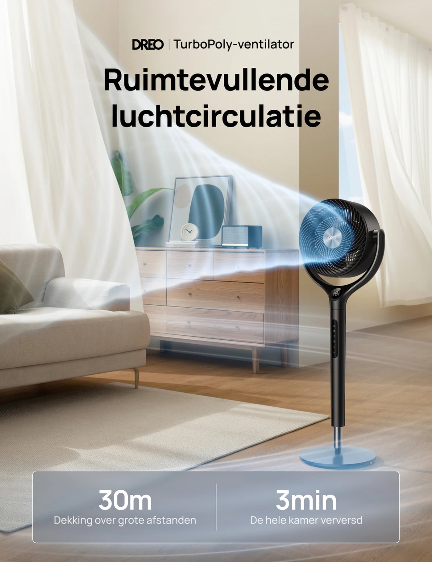 Dreo Turbo Luftzirkulator DR-HPF022 – Ständerventilator – 9 Geschwindigkeitsstufen & 6 Betriebsmodi – Fernbedienung – 120°-Oszillation – Höhe 94–107 cm