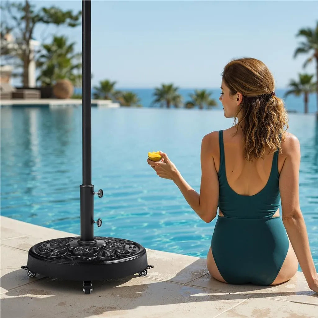Yaheetech Sonnenschirmständer 25 kg, Ø 50,5 cm – Schwarz – Mobiler Sonnenschirmständer mit Rädern und Retro-Design