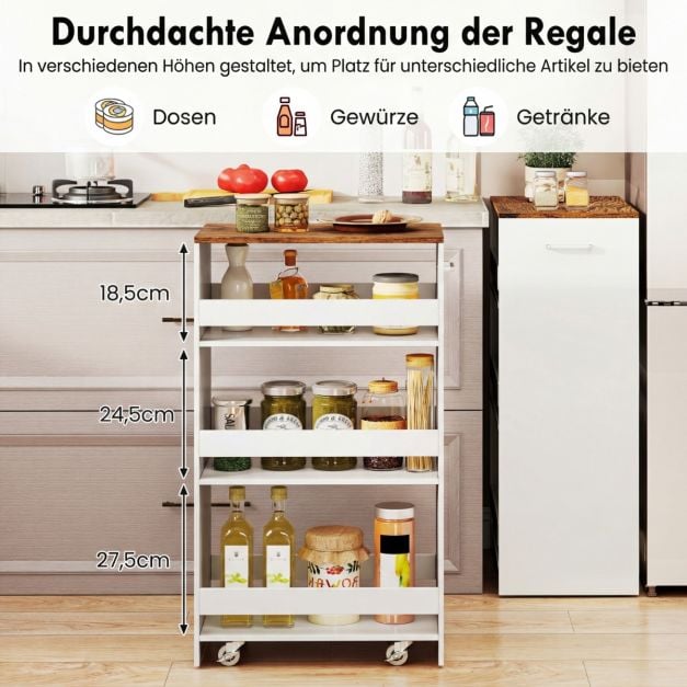 Coast Schmaler Küchenwagen – 4-stöckiges Regal mit Griff, 47,5 x 30 x 80,5 cm – Weiß